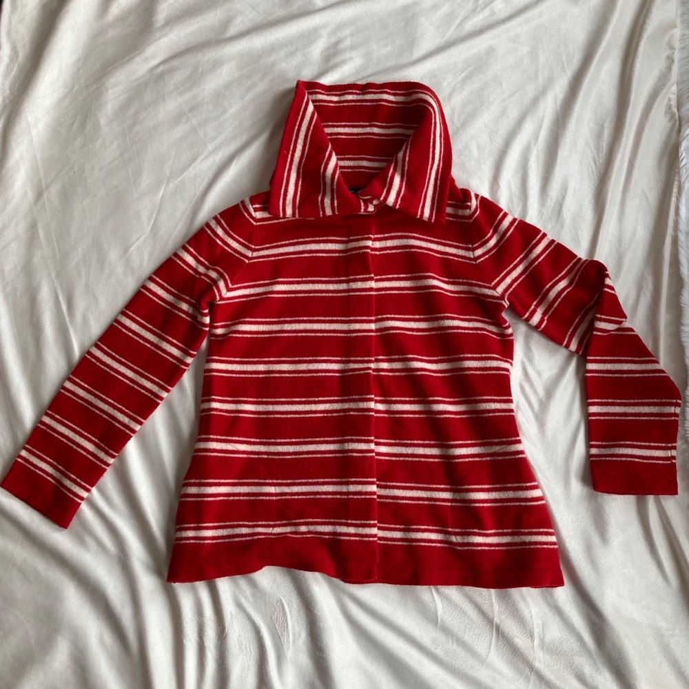 Lands’ End 100% Lambs Wool Red/White Cardigan Med.